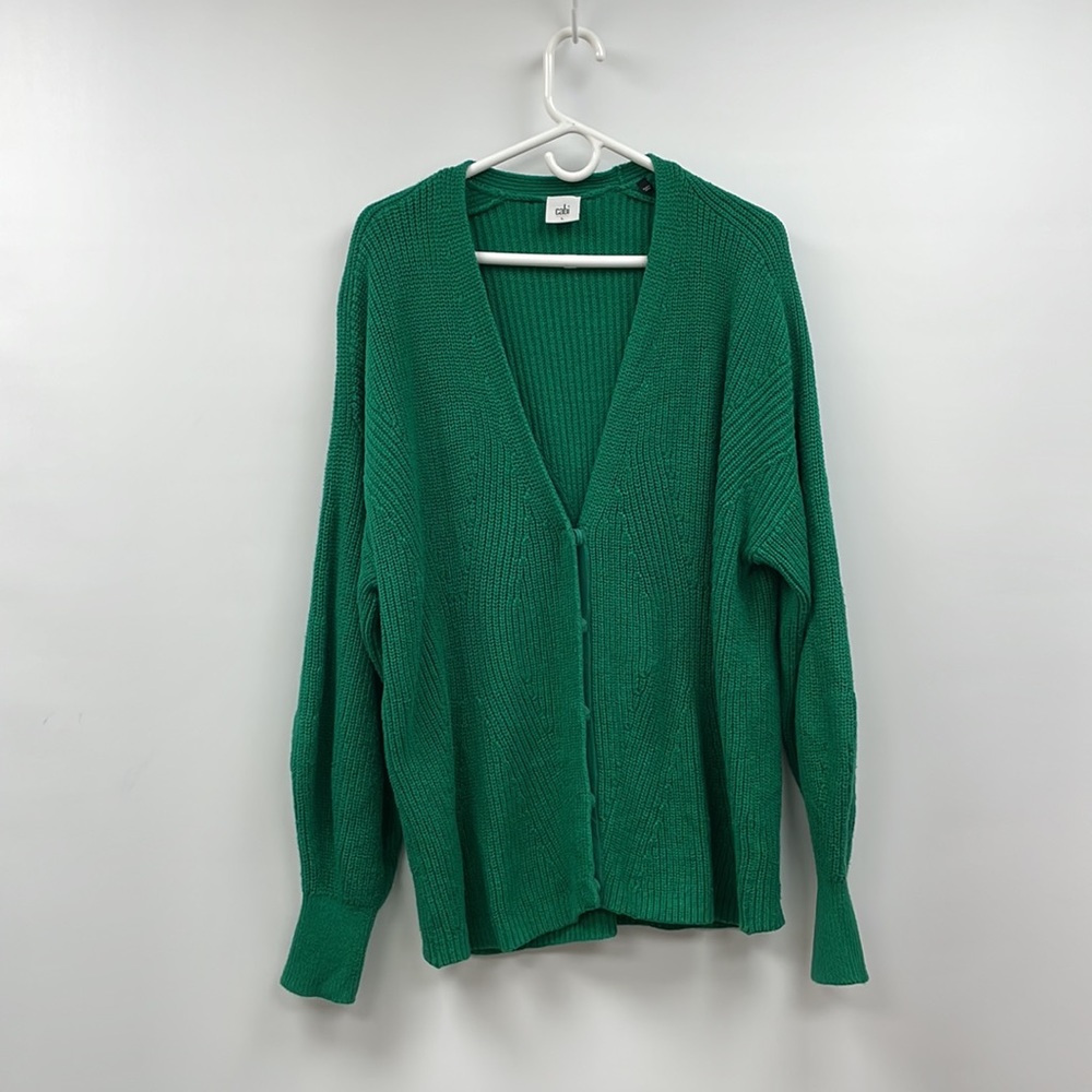 Cabi Lucky Balloon Sleeve Button-Up Cardigan Chunky Knit Sweater Kelly Green L - Picture 3 of 11